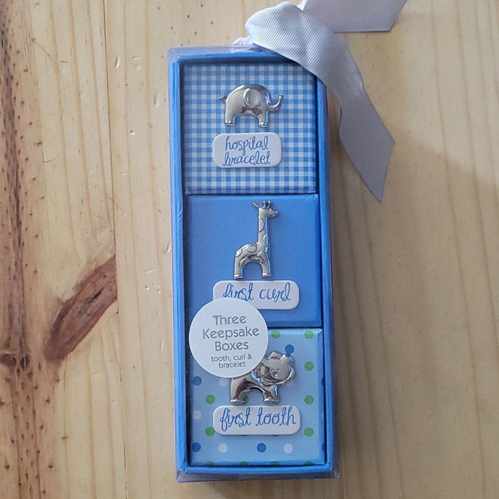 NIB Three keepsake boxes, tooth, curl, bracelet